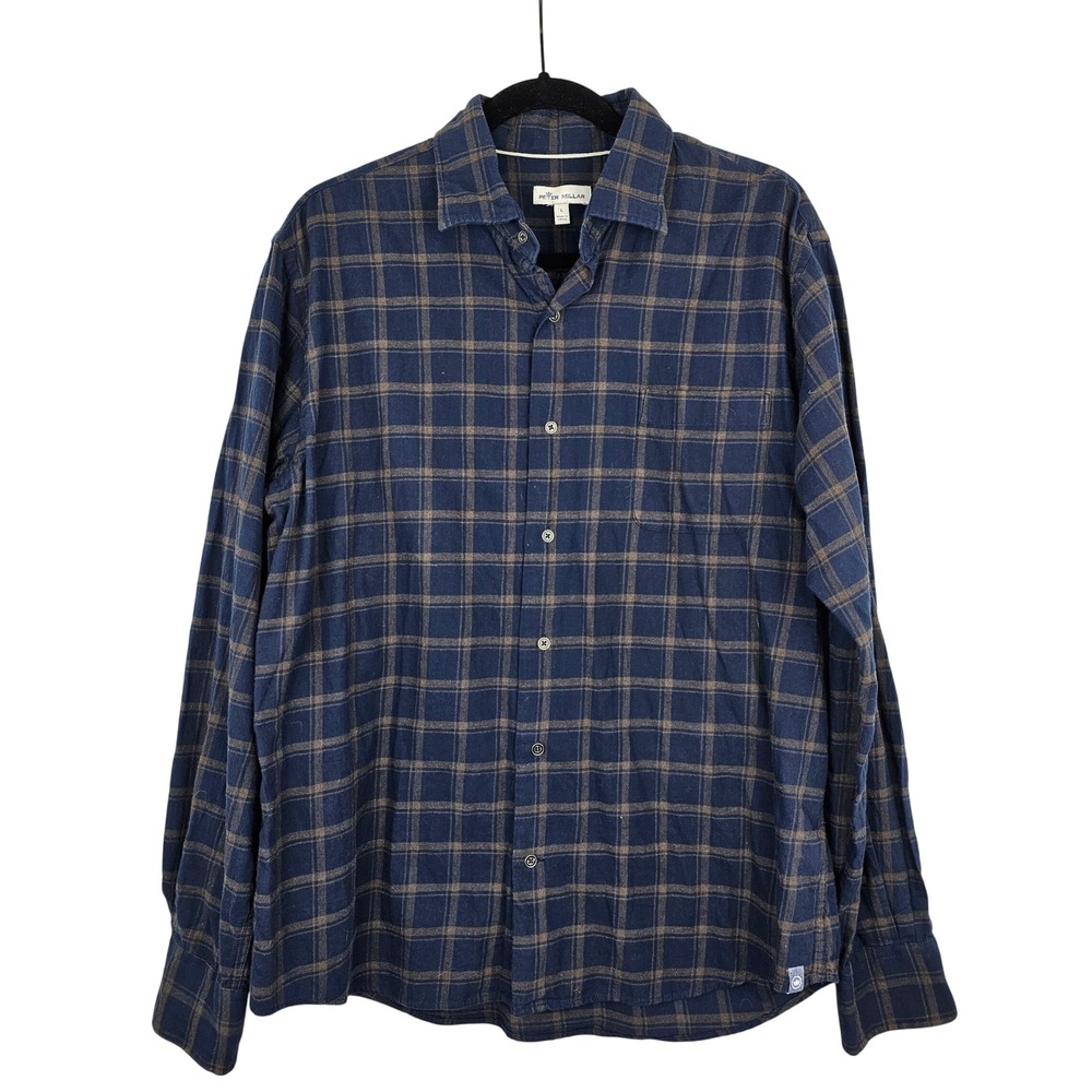 PETER MILLAR Men's Large Navy and Brown Plaid Long Sleeve Button Up Shirt